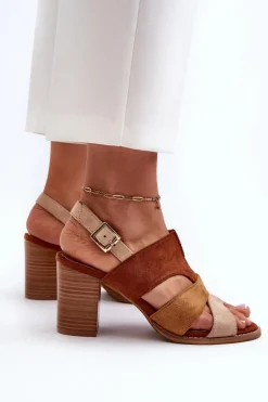 Sandały Damskie Z Eko Zamszu Na Obcasie Słupku Brązowe Qutima