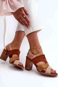 Sandały Damskie Z Eko Zamszu Na Obcasie Słupku Brązowe Qutima