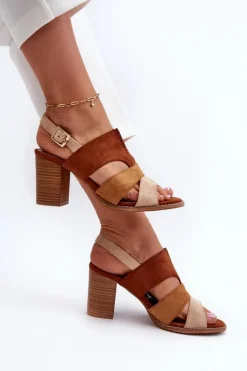 Sandały Damskie Z Eko Zamszu Na Obcasie Słupku Brązowe Qutima