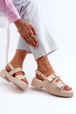 Sandały Damskie Z Klamrami Eko Skórzane Beżowe Konanttia