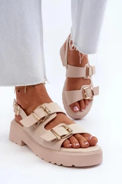 Sandały Damskie Z Klamrami Eko Skórzane Beżowe Konanttia