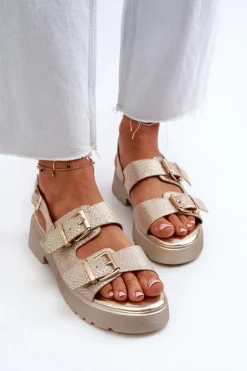 Sandały Damskie Z Klamrami Eko Skórzane Złote Konanttia