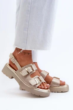 Sandały Damskie Z Klamrami Eko Skórzane Złote Konanttia