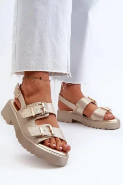 Sandały Damskie Z Klamrami Eko Skórzane Złote Konanttia