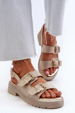 Sandały Damskie Z Klamrami Eko Skórzane Złote Konanttia