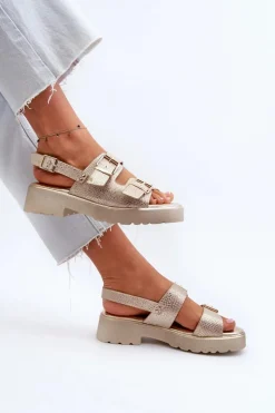 Sandały Damskie Z Klamrami Eko Skórzane Złote Konanttia