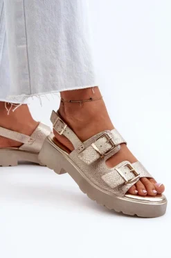 Sandały Damskie Z Klamrami Eko Skórzane Złote Konanttia