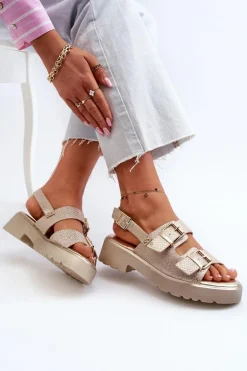 Sandały Damskie Z Klamrami Eko Skórzane Złote Konanttia