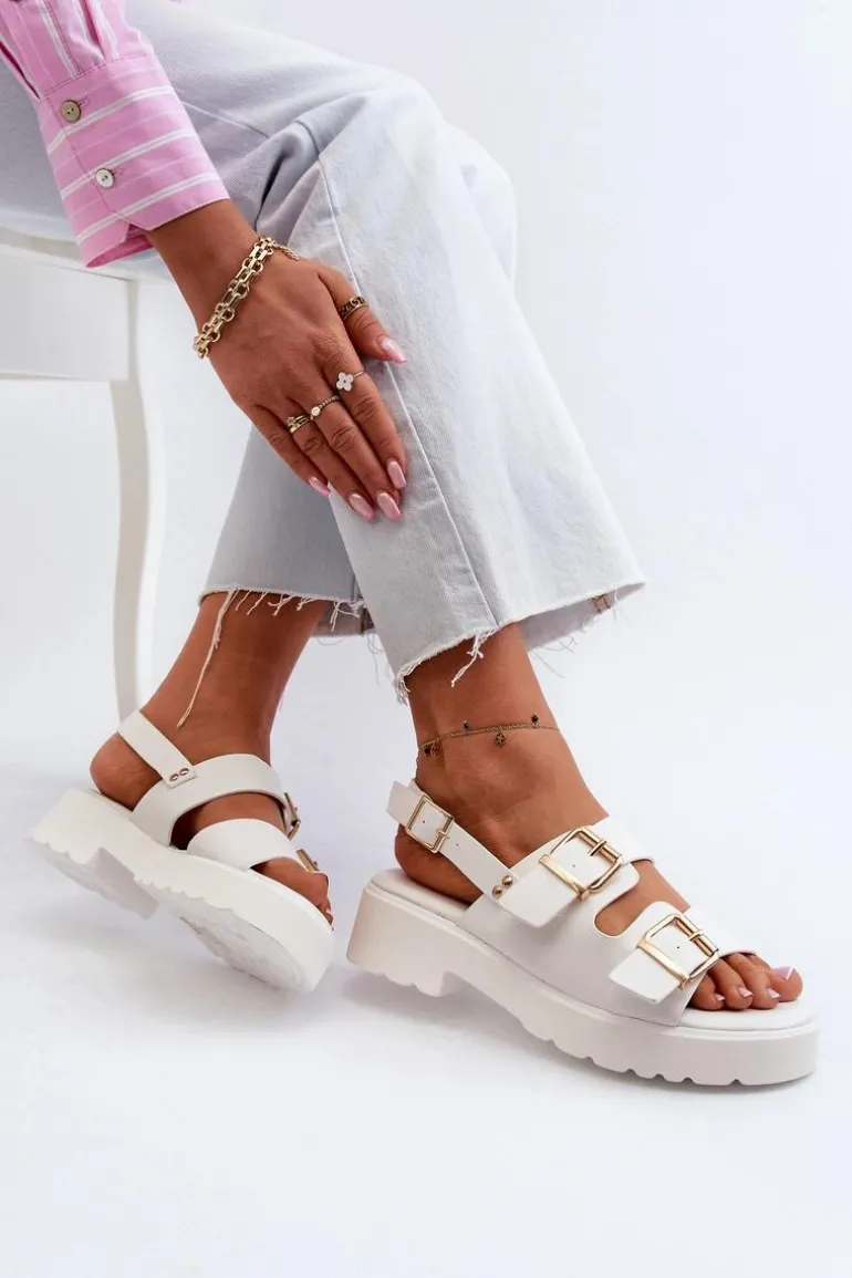 Sandały Damskie Z Klamrami Eko Skórzane Białe Konanttia