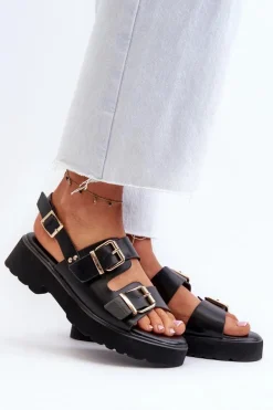 Sandały Damskie Z Klamrami Eko Skórzane Czarne Konanttia