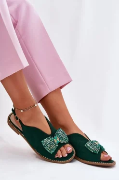 Sandały Damskie Z Kokardą Na Płaskim Obcasie S.Barski KV51-014 Zielone