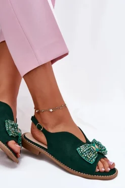 Sandały Damskie Z Kokardą Na Płaskim Obcasie S.Barski KV51-014 Zielone