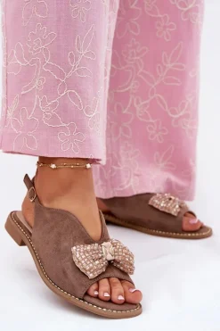 Sandały Damskie Z Kokardą Na Płaskim Obcasie S.Barski KV51-014 Ciemnobeżowe