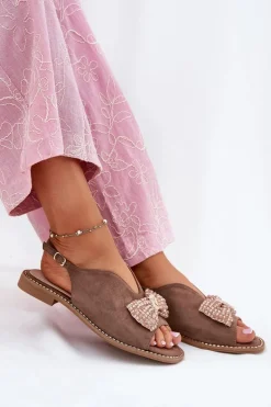 Sandały Damskie Z Kokardą Na Płaskim Obcasie S.Barski KV51-014 Ciemnobeżowe