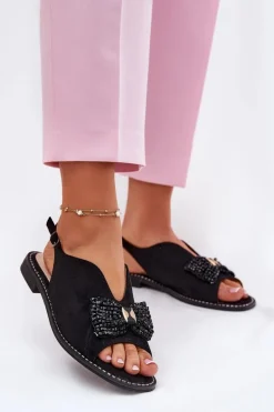 Sandały Damskie Z Kokardą Na Płaskim Obcasie S.Barski KV51-014 Czarne