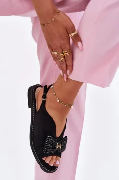 Sandały Damskie Z Kokardą Na Płaskim Obcasie S.Barski KV51-014 Czarne