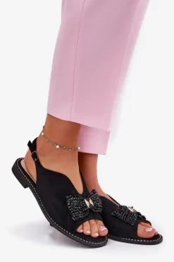 Sandały Damskie Z Kokardą Na Płaskim Obcasie S.Barski KV51-014 Czarne