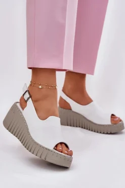 Sandały Damskie Z Naturalnej Skóry Na Koturnie Artiker 54C0786 Białe