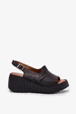 Sandały Damskie Z Naturalnej Skóry Na Koturnie Artiker 54C0791 Czarne