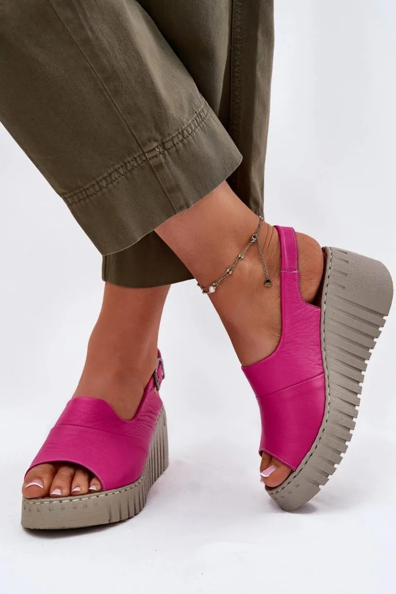 Sandały Damskie Z Naturalnej Skóry Na Koturnie Artiker 54C0789 Fuksja