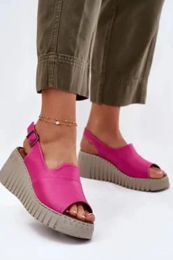 Sandały Damskie Z Naturalnej Skóry Na Koturnie Artiker 54C0789 Fuksja
