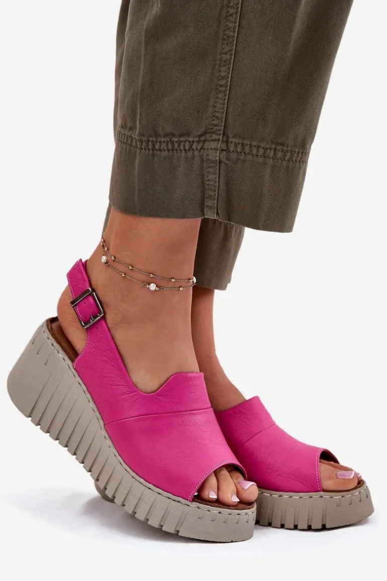 Sandały Damskie Z Naturalnej Skóry Na Koturnie Artiker 54C0789 Fuksja