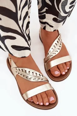 Sandały Damskie Z Naturalnej Skóry Na Płaskim Obcasie Zazoo 3564 Złote