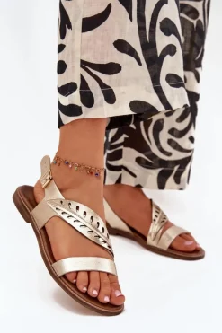 Sandały Damskie Z Naturalnej Skóry Na Płaskim Obcasie Zazoo 3564 Złote