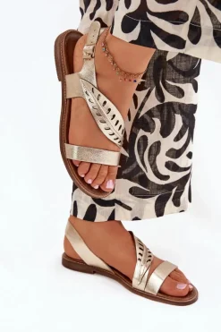 Sandały Damskie Z Naturalnej Skóry Na Płaskim Obcasie Zazoo 3564 Złote