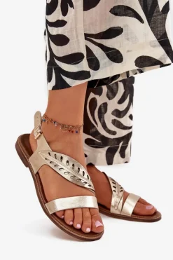 Sandały Damskie Z Naturalnej Skóry Na Płaskim Obcasie Zazoo 3564 Złote