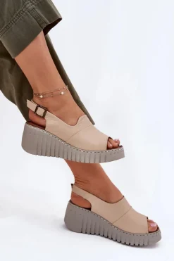 Sandały Damskie Z Naturalnej Skóry Na Koturnie Artiker 56C0957 Beżowe