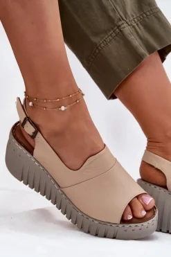 Sandały Damskie Z Naturalnej Skóry Na Koturnie Artiker 56C0957 Beżowe