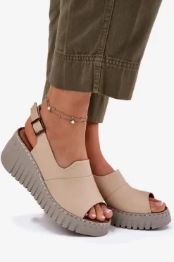 Sandały Damskie Z Naturalnej Skóry Na Koturnie Artiker 56C0957 Beżowe