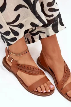 Sandały Damskie Z Naturalnej Skóry Na Płaskim Obcasie Zazoo 3564 Camel