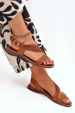 Sandały Damskie Z Naturalnej Skóry Na Płaskim Obcasie Zazoo 3564 Camel