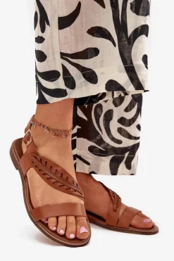 Sandały Damskie Z Naturalnej Skóry Na Płaskim Obcasie Zazoo 3564 Camel