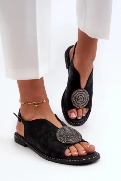 Sandały Damskie Z Ozdobą Na Płaskim Obcasie S.Barski KV24-057 Czarne