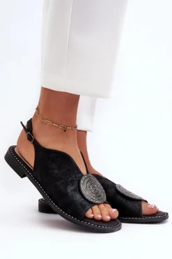 Sandały Damskie Z Ozdobą Na Płaskim Obcasie S.Barski KV24-057 Czarne