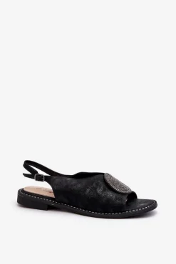 Sandały Damskie Z Ozdobą Na Płaskim Obcasie S.Barski KV24-057 Czarne