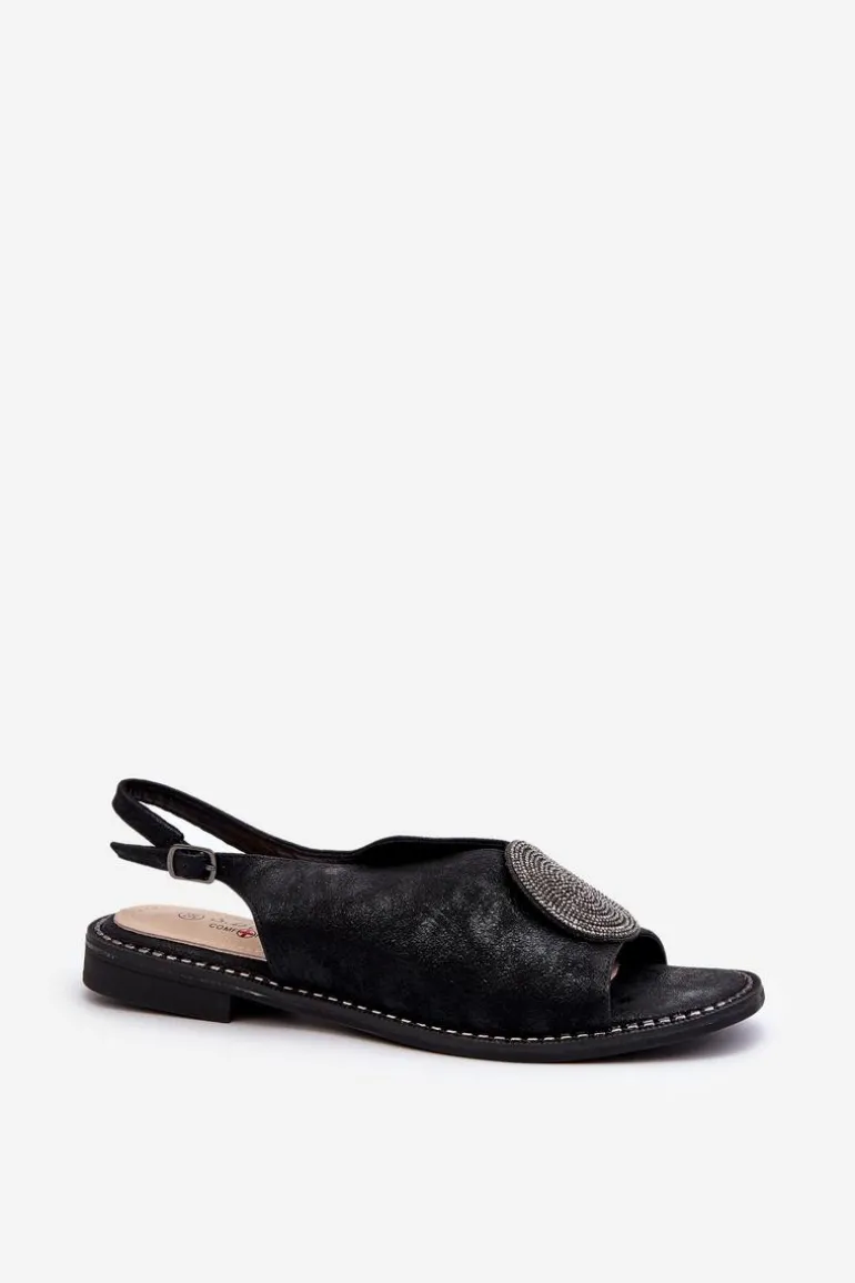 Sandały Damskie Z Ozdobą Na Płaskim Obcasie S.Barski KV24-057 Czarne