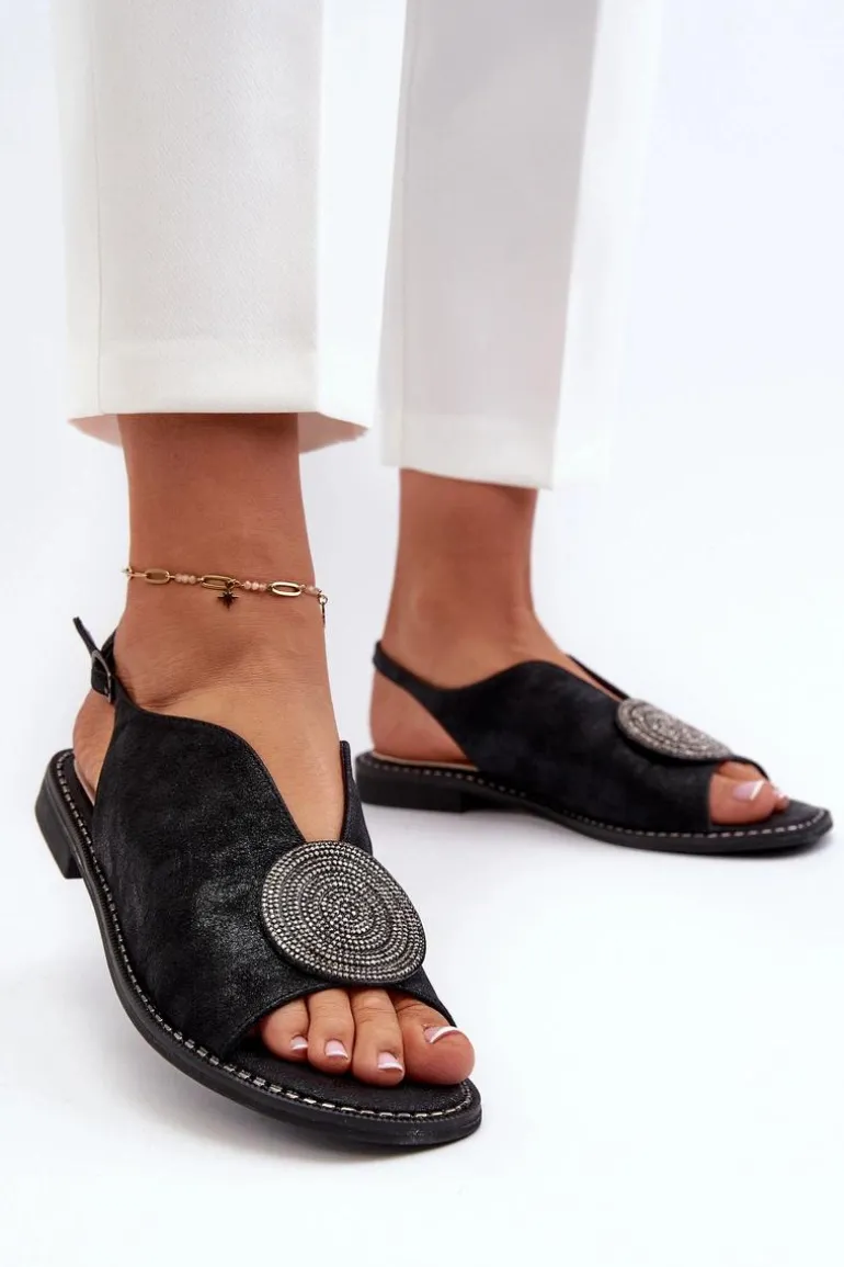 Sandały Damskie Z Ozdobą Na Płaskim Obcasie S.Barski KV24-057 Czarne