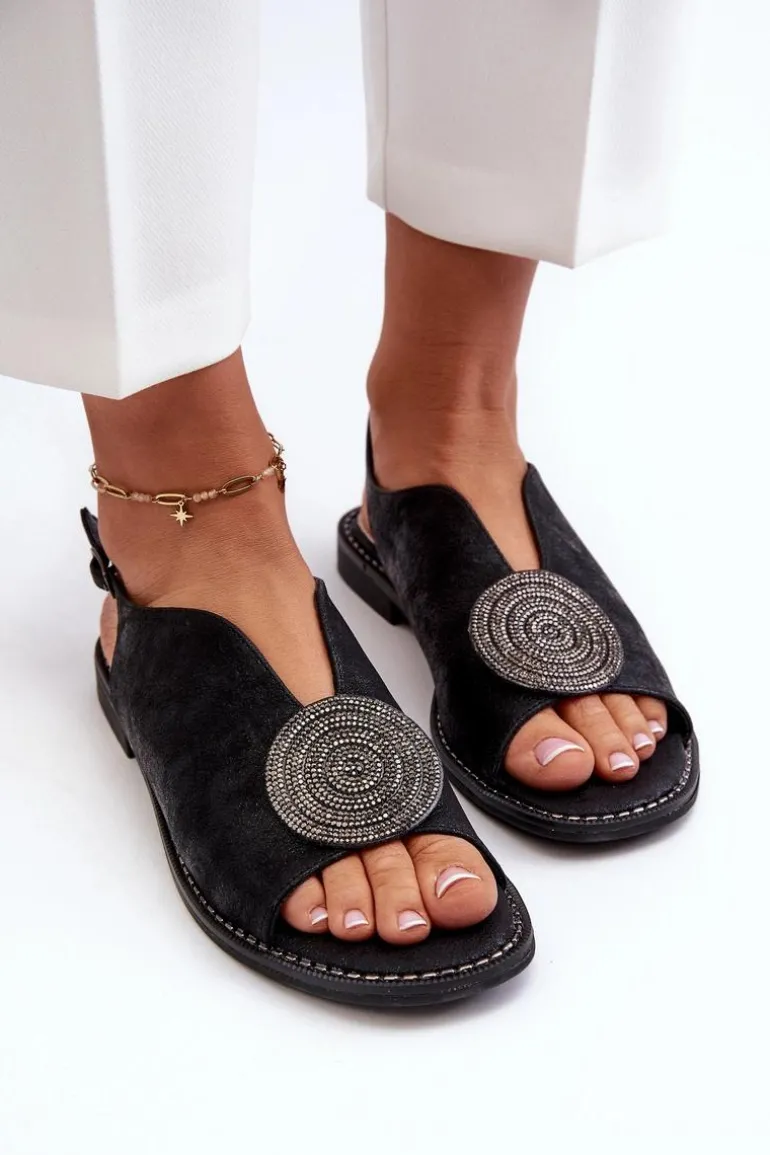 Sandały Damskie Z Ozdobą Na Płaskim Obcasie S.Barski KV24-057 Czarne