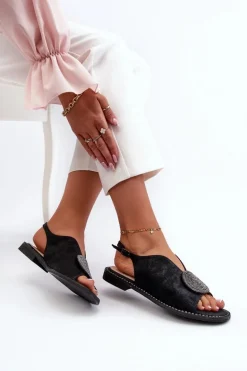 Sandały Damskie Z Ozdobą Na Płaskim Obcasie S.Barski KV24-057 Czarne