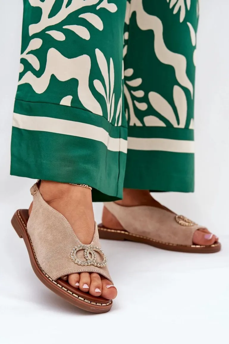 Sandały Damskie Z Ozdobą Na Płaskim Obcasie Eko Zamszowe Beżowe Ralisses