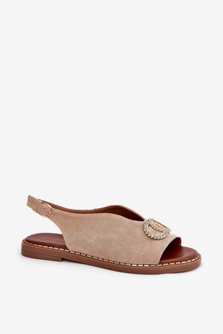 Sandały Damskie Z Ozdobą Na Płaskim Obcasie Eko Zamszowe Beżowe Ralisses