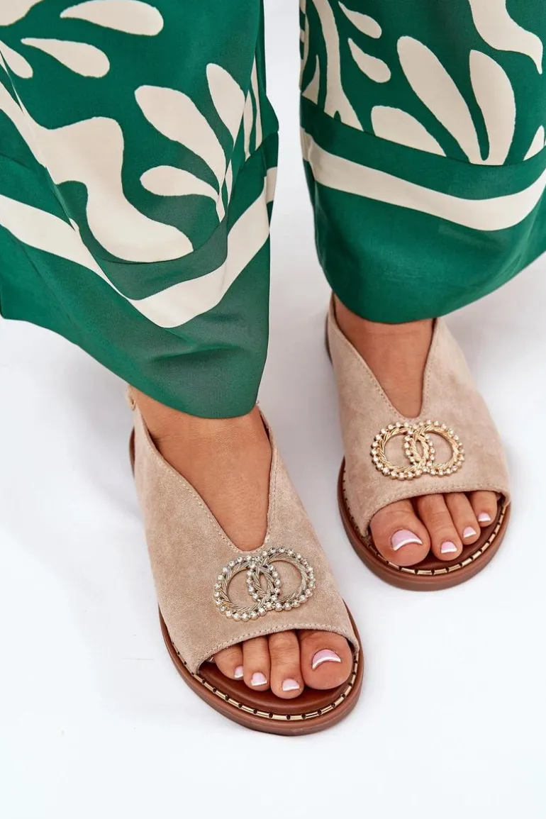 Sandały Damskie Z Ozdobą Na Płaskim Obcasie Eko Zamszowe Beżowe Ralisses