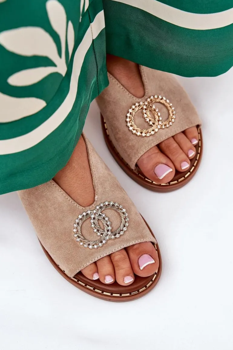 Sandały Damskie Z Ozdobą Na Płaskim Obcasie Eko Zamszowe Beżowe Ralisses