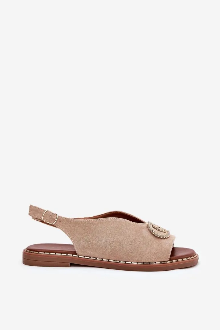 Sandały Damskie Z Ozdobą Na Płaskim Obcasie Eko Zamszowe Beżowe Ralisses