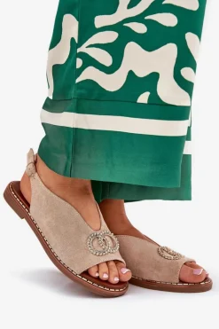 Sandały Damskie Z Ozdobą Na Płaskim Obcasie Eko Zamszowe Beżowe Ralisses