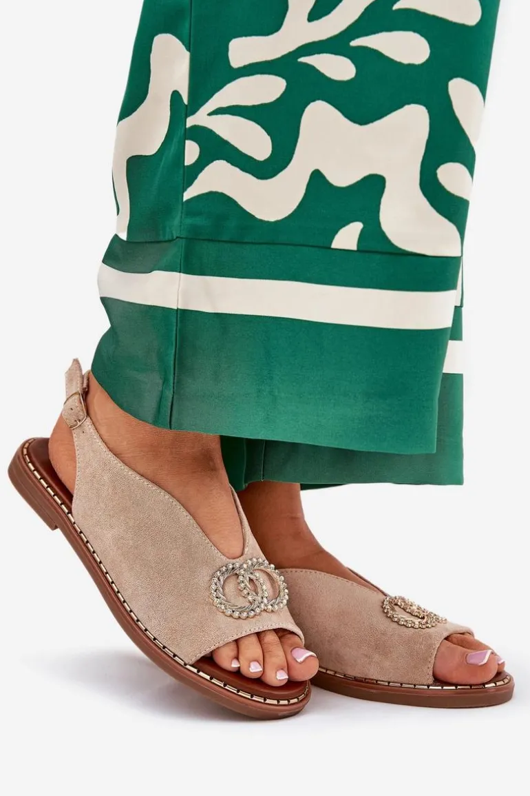 Sandały Damskie Z Ozdobą Na Płaskim Obcasie Eko Zamszowe Beżowe Ralisses